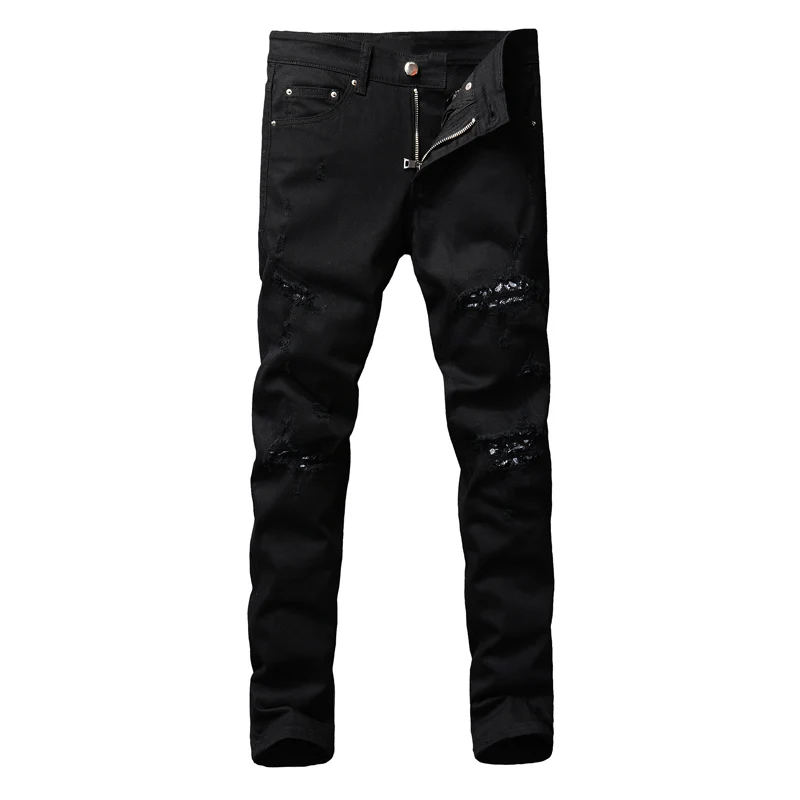 Fashion Streetwear Men Jeans High Quality Black Color Elastic Slim Fit Ripped Jeans Men Patch Designer Hip Hop Denim Punk Pants