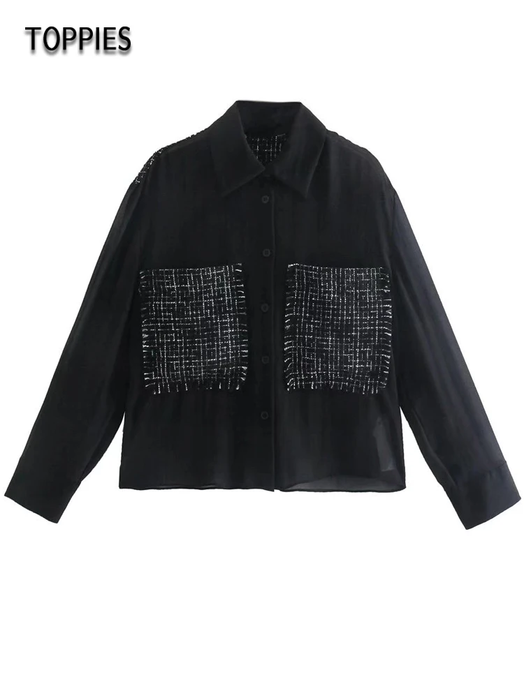 

Toppies Vintage Plaid Tweed Spliced Shirts Women's Black Long Sleeve Shirts Vintage Ladies Blouses Tops Streetwear