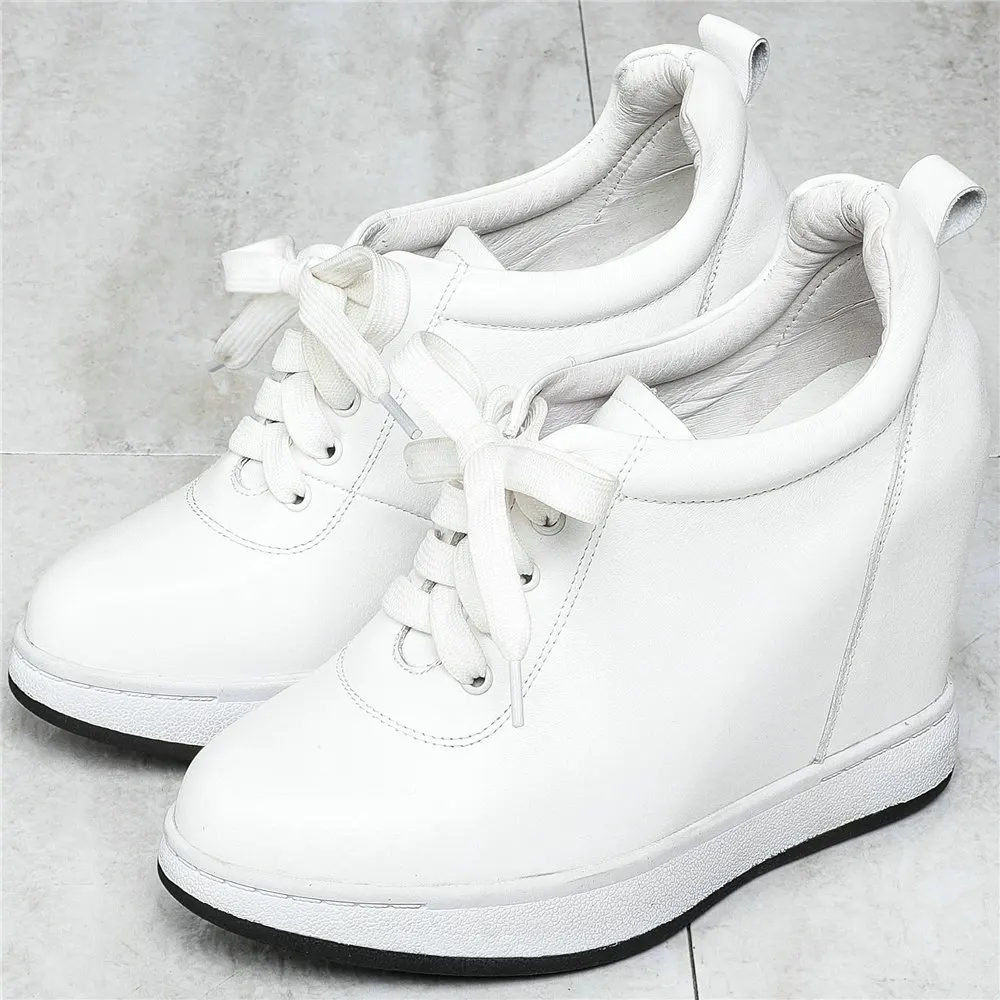 11cm High Heel Platform Oxfords Women Lace Up Genuine Leather Wedges Ankle Boots Female Round Toe Fashion Sneakers Casual Shoes