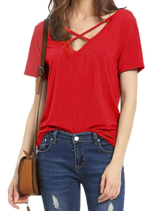 

2020 Summer New Women's V-neck Solid Color Short-sleeved Stitching T-shirt Fashion Simple Slim Wild T-shirt Multi-color Optional