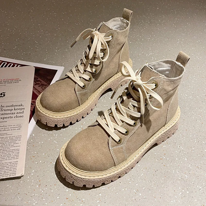 

2021 Fashion Ankle Boots Women Khaki Blue Canvas Round Toe Punk Gothic Shoes Platform Lace up Combat Boots Casual Shoes Female