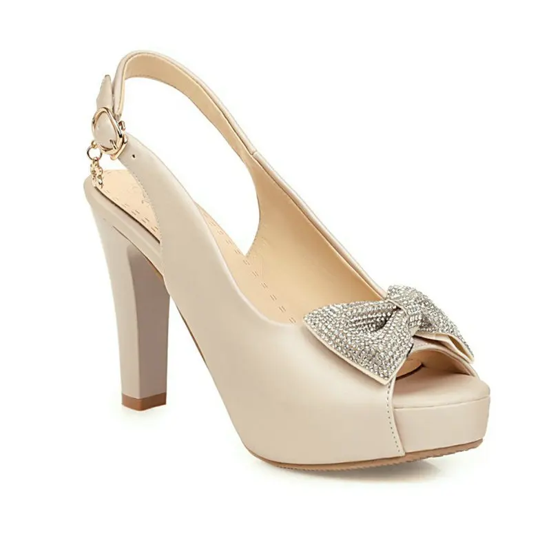 

ZawsThia Silver Peep Toe Mature Fashion Lady Office Pumps Platform Thick High Heels Slingback Women Sandals With Crystal Bowtie