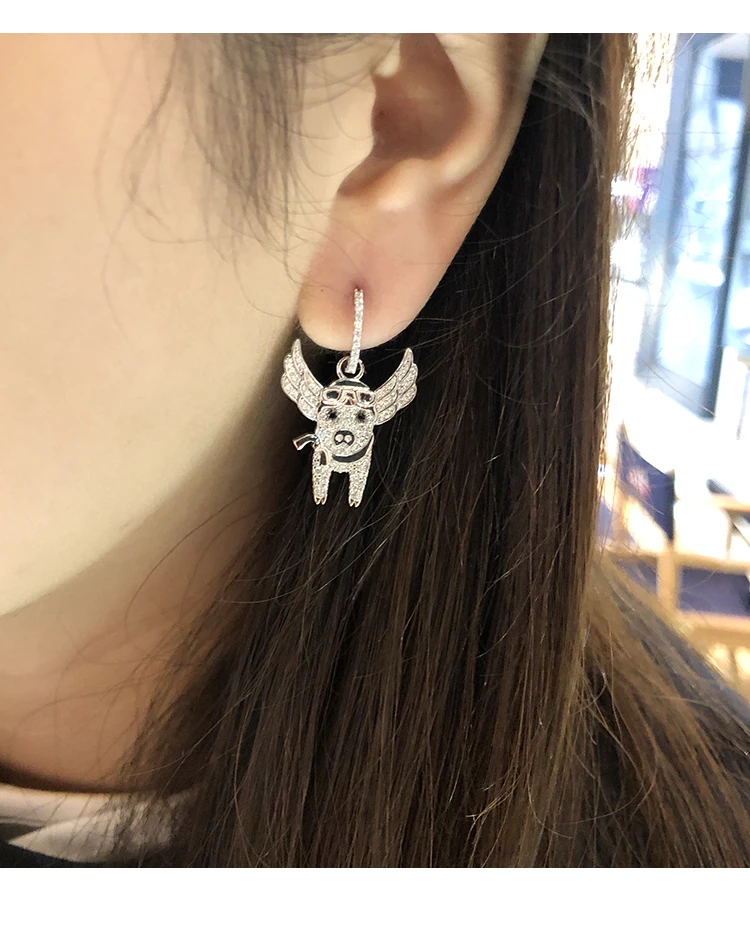 fashion monaco jewelry LAVIATEUR earrings pink white zircon stone flying pig women accessories fly | Украшения и аксессуары