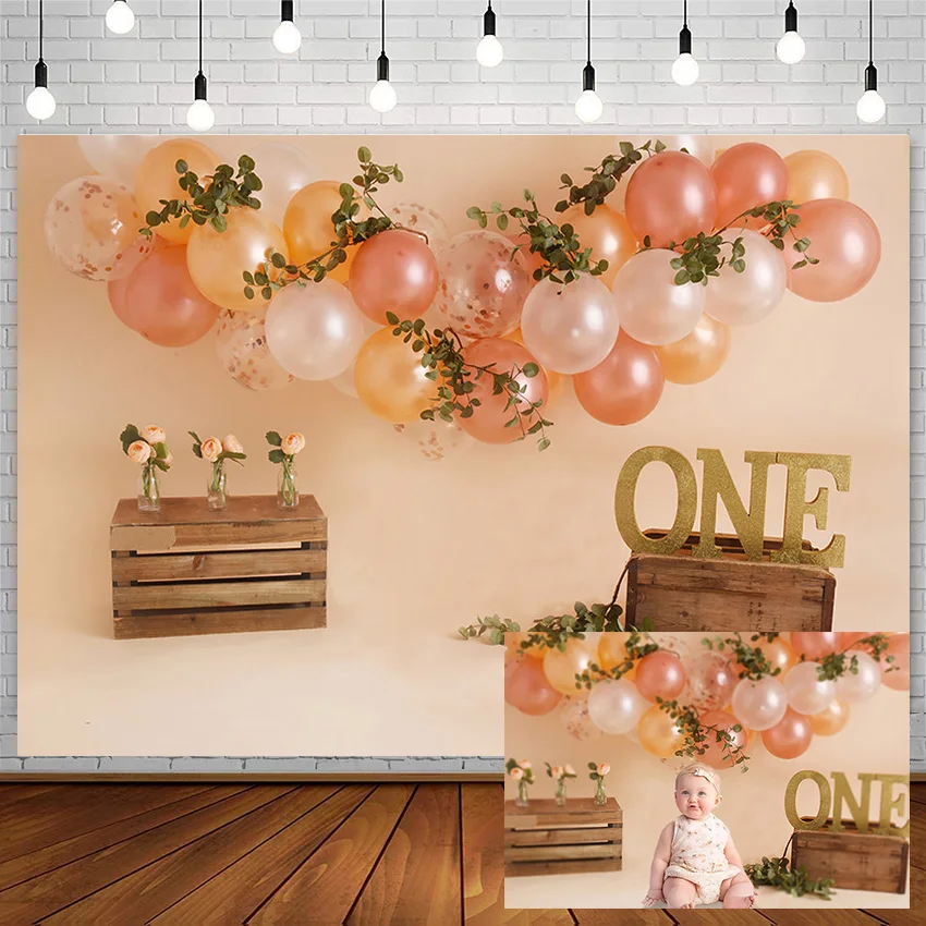 

Новорожденный ребенок 1-й День рождения Портрет фон оранжевый шар цветы торт разбивать Фон фотографии для фотостудии фотосъемки