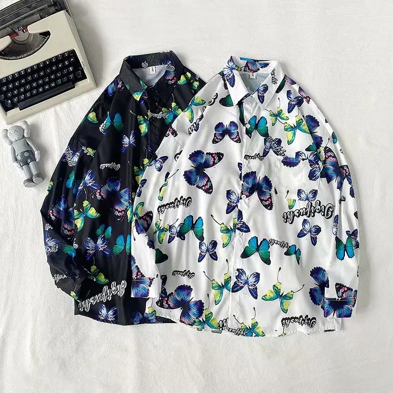 

2020 autumn ins port style salt shirt men and women butterfly print yuppie lazy wind drape oversize shirt