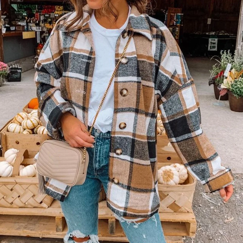 

Plaid Women Oversize Woolen Shirts 2021 Autumn Ladies Soft Thick Shirt Party Female Elegant Loose Tops Vintage Girls Chic Shirt