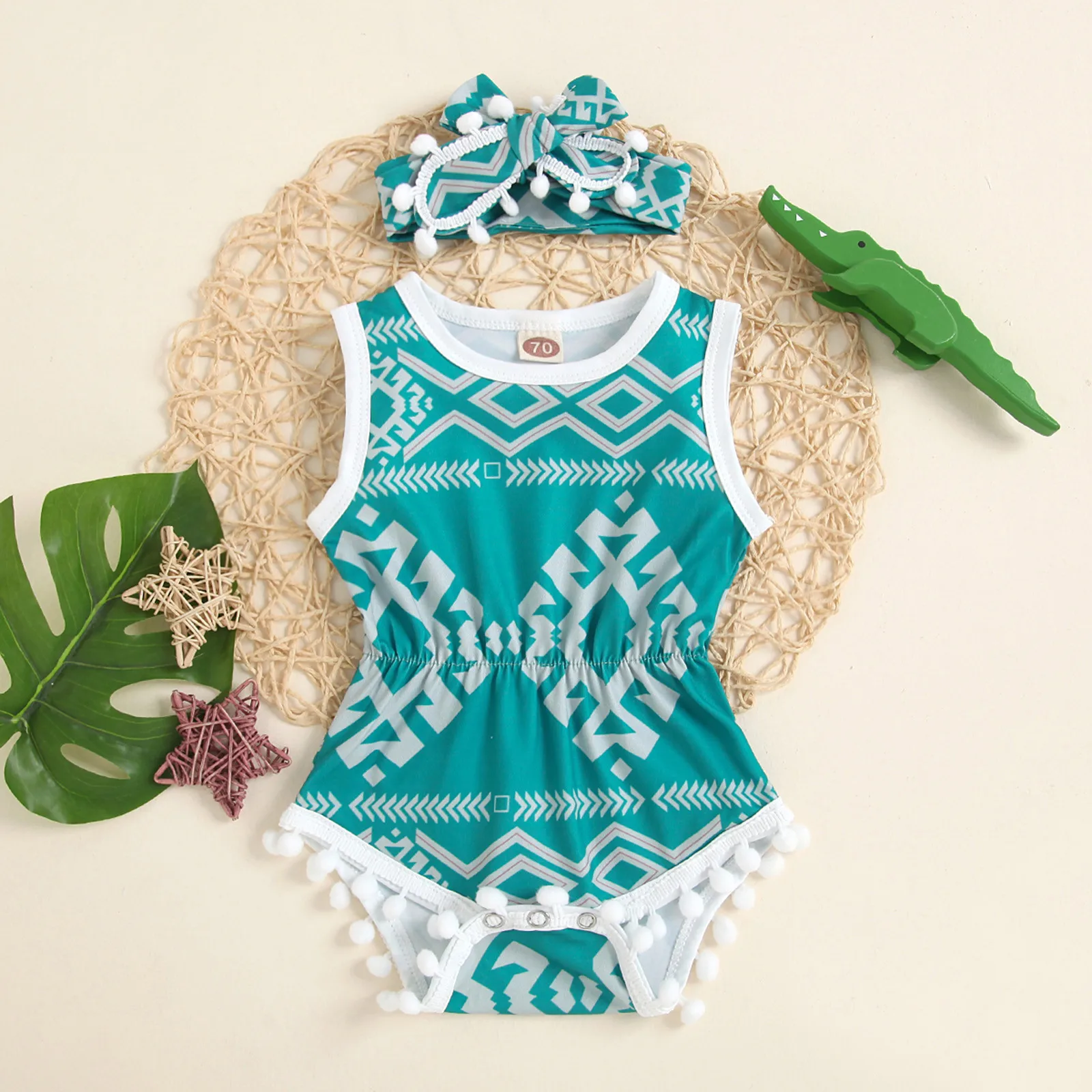 Детский летний комбинезон с бахромой и повязкой на голову без рукавов |