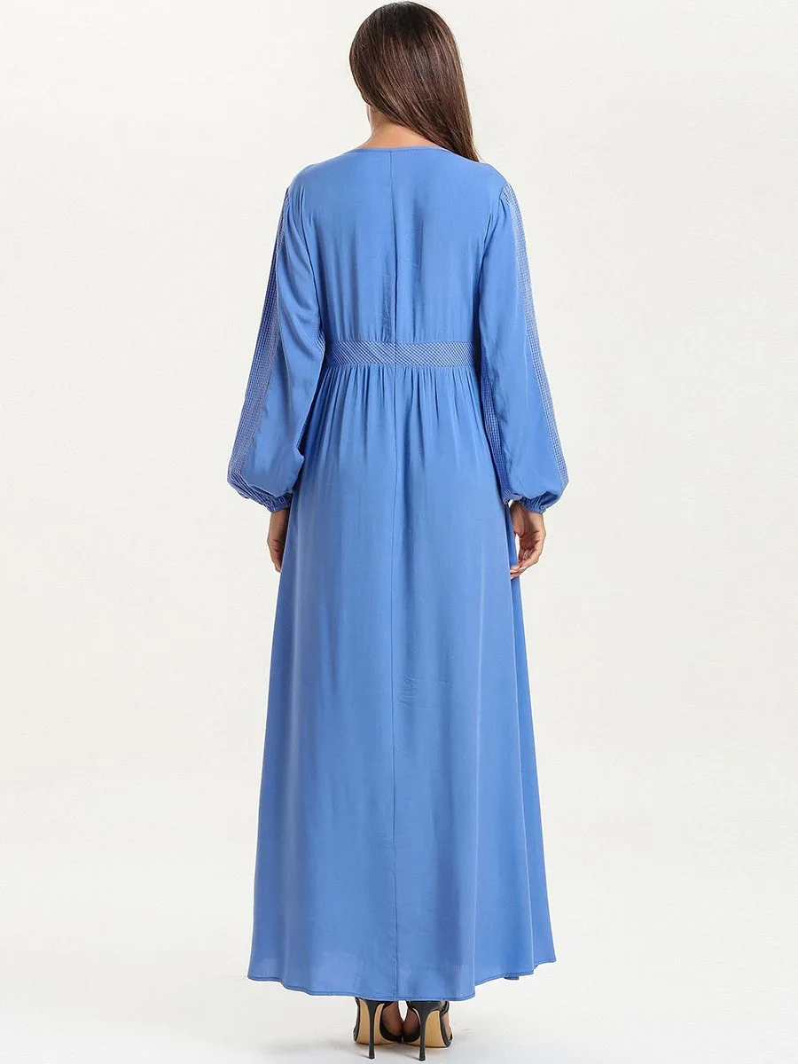 

Muslim Dress Fashion Dirnd Round Neck Long Sleeve Embroidery Abaya Femme Musulman Robe Stitching Dress