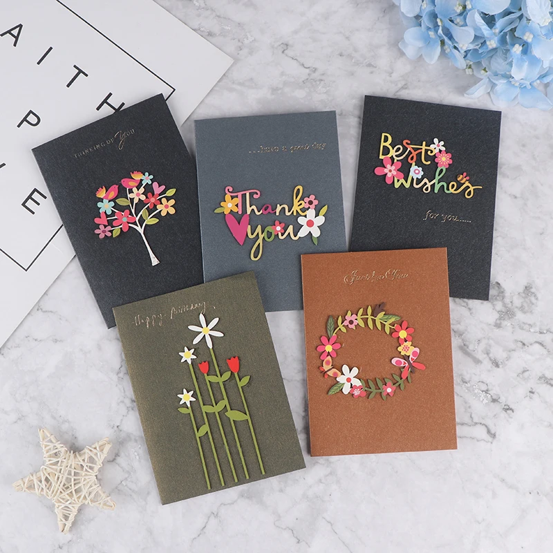 

3D Kraft Paper Invitation Greeting Card Handmade DIY Wood Carving Flower Patch Valentines Day Wedding Party Invitation Card 5pcs