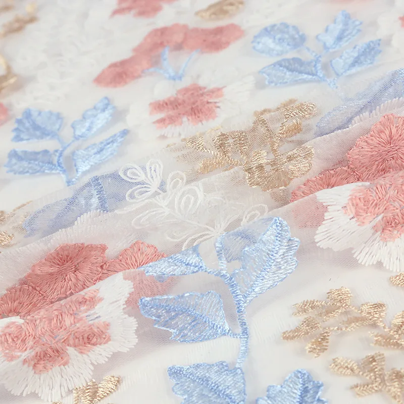 

Mesh Floral Computerized Embroidery Fabrics Retro Sweet Skirts Wedding Dresses Cheongsam DIY Fabrics 1Meter