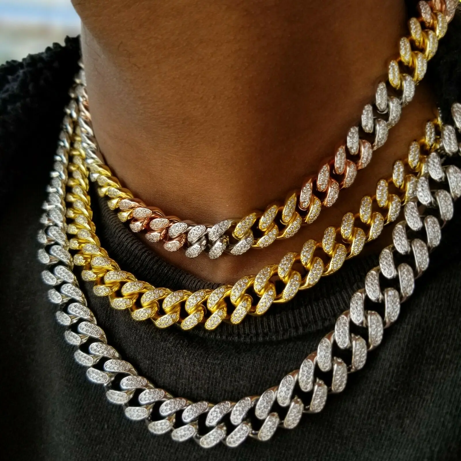 

12mm cz cuban link chain bracelet necklace high quality heavy hip hop Rock men boy jewelry gold silver color