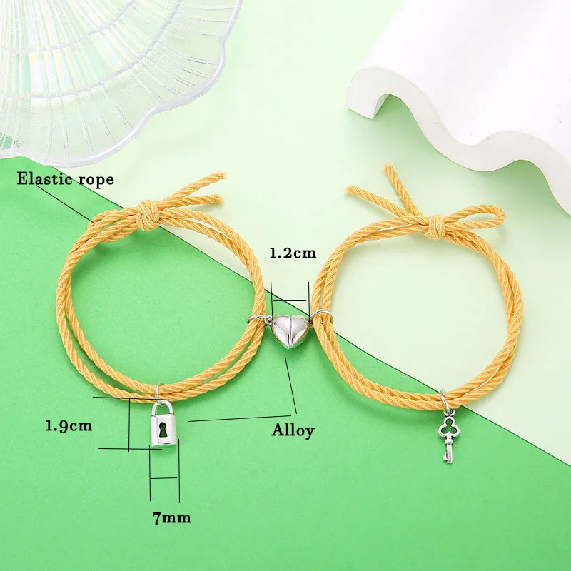 

2Pcs Magnetic Distance Bracelet Adjustable Lucky Rope Women Men Braided Heart Charm Couple Key Lock Bracelets Lover Jewelry Gift