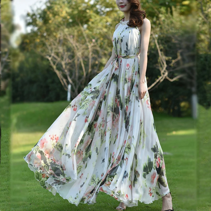 Летнее стильное цветное шифоновое платье макси с лямкой через шею пляжный