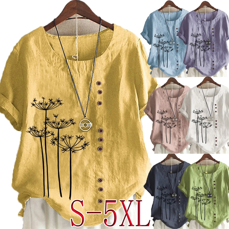 

2021 Summer Women's Fashion Peach Printed Short Sleeve Round Neck Blouse Ladies Linen Button Tops Loose T-shirts S-5XL Plus Size