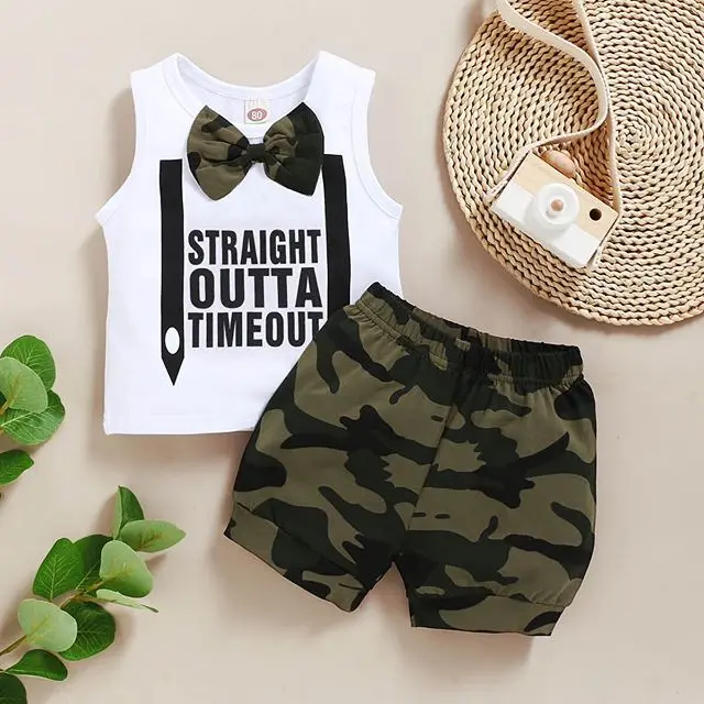 

2021 Summer Infant Clothes Baby Boy’s Vest and Shorts Suit Unique Letter Tie Sleeveless Tops and Camouflage Short Pants