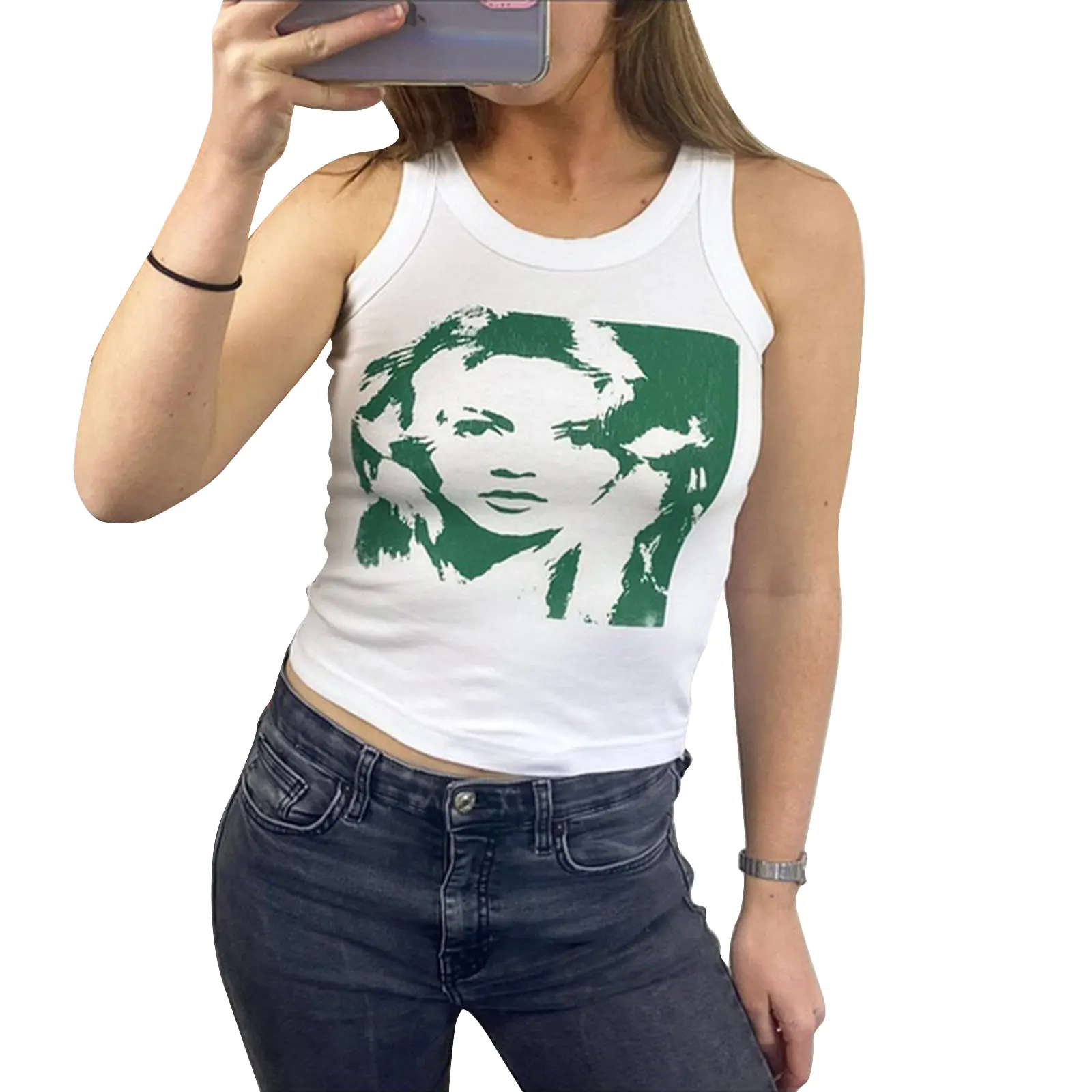 

Summer Ladies Sexy Midriff-baring Camisole Creative Human Face Printing Round Collar Sleeveless Slim Base Tops