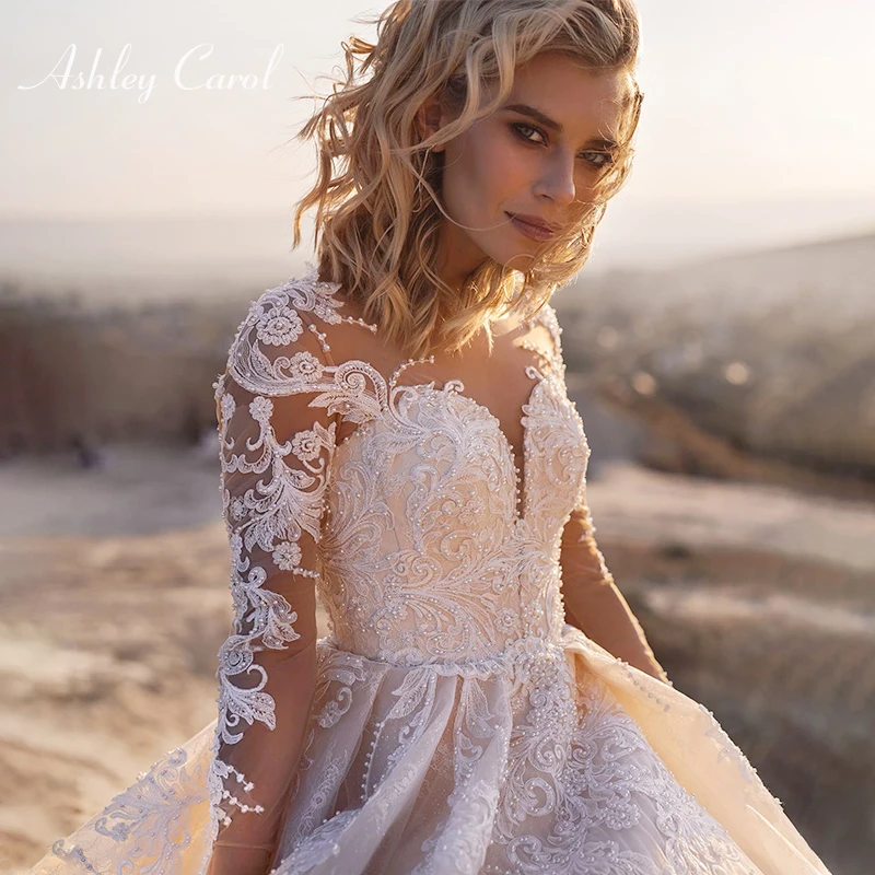 Свадебное платье А-силуэта с аппликацией Ashley Carol, роскошное свадебное платье с длинным рукавом, украшенное бусинами и шлейфом, Vestido de Noiva