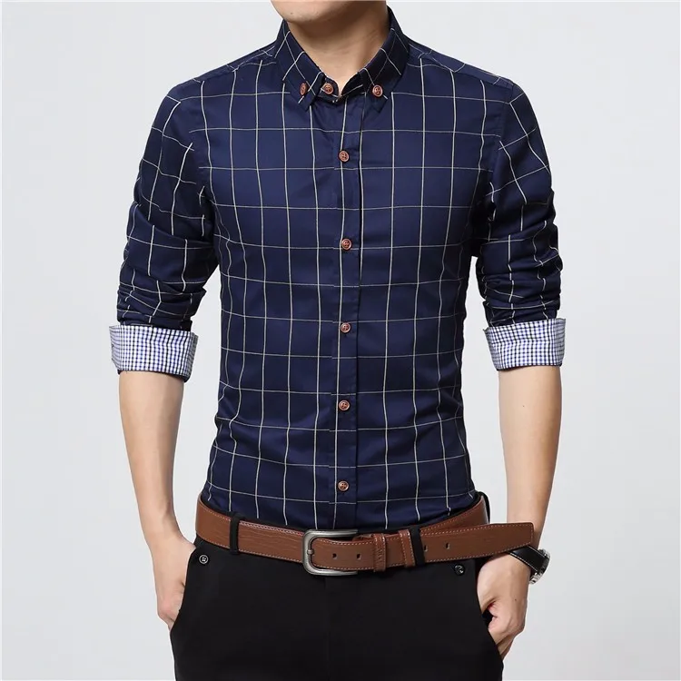 

High Quality 2021 Men's Plaid Cotton Dress Shirts Male Slim Long Sleeve Slim Fit Business Casual Shirt Chemise Homme