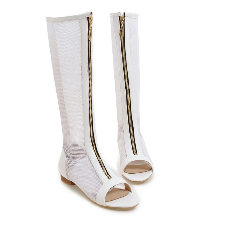 

Summer 2021 New Mesh Women High Boots Front Zipper Peep Toe Low Heels Knee-high Long Boots Female Fashion Women Sandals Shoes