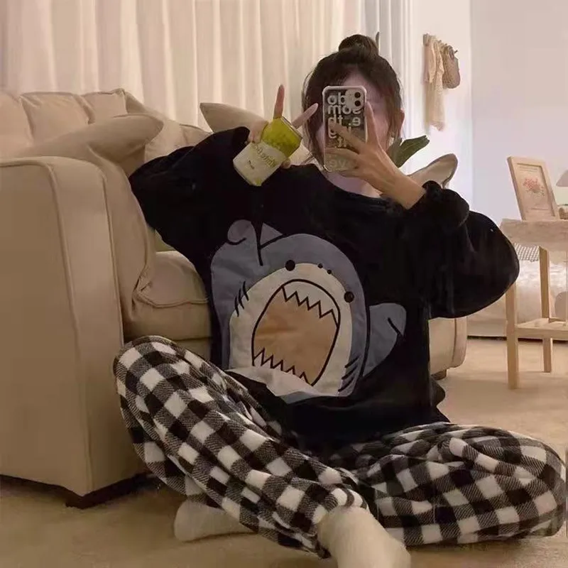 Shark Pijamas Couple Matching Pajamas Set Plaid Pants Winter Thick Flannel Sleepwear Men's Women Pyjama Homesuits Black Shirts