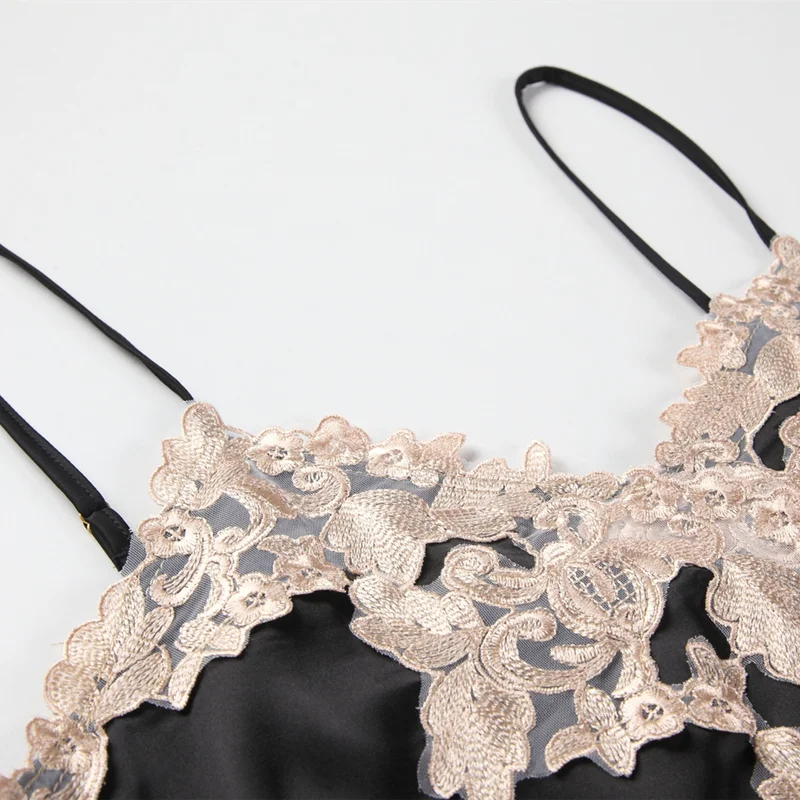 Nuisette Femme Sexy Lingerie Satin Nightgown Embroidery V-Neck Sleeveless Sleepwear Lace Nightdress Set Women Nightwear Babydoll