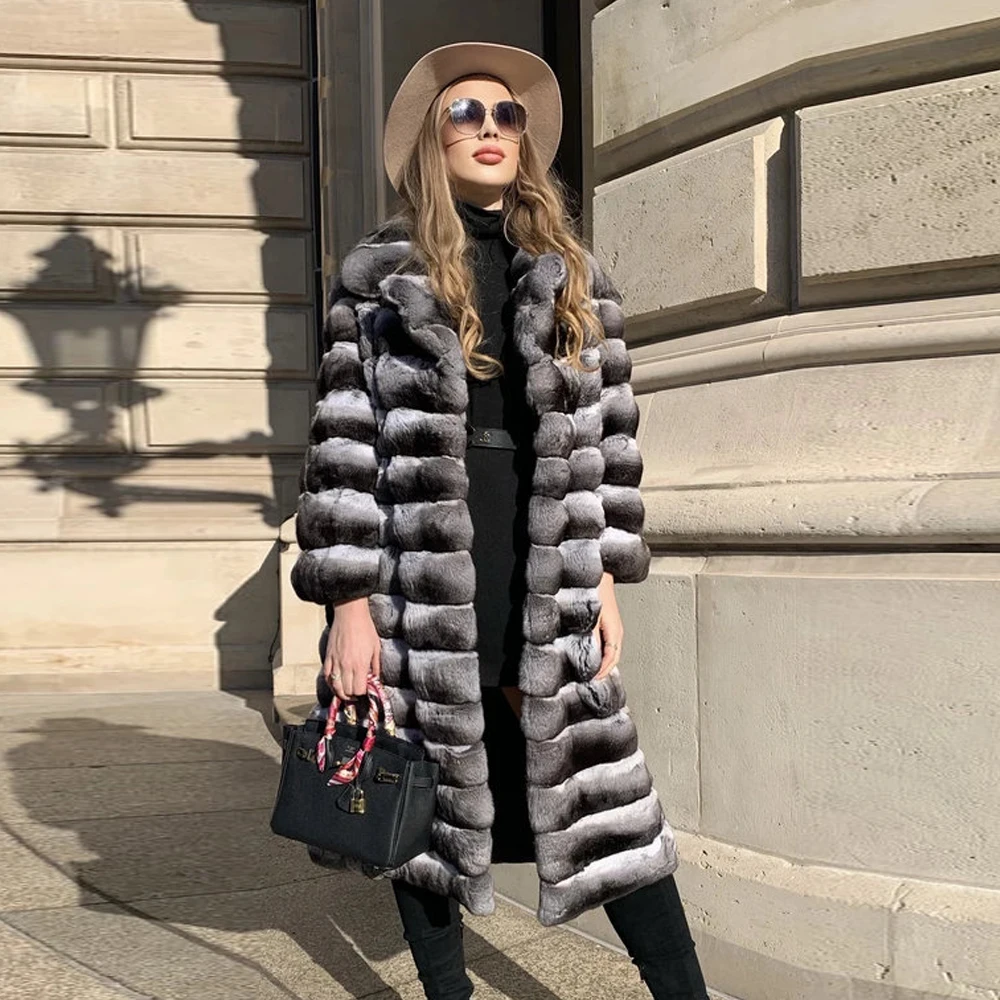 Long Real Rex Rabbit Fur Coat Chinchilla Color Whole Skin Genuine Rex Rabbit Fur Overcoats Luxury Woman Winter Fur Coats Trendy enlarge