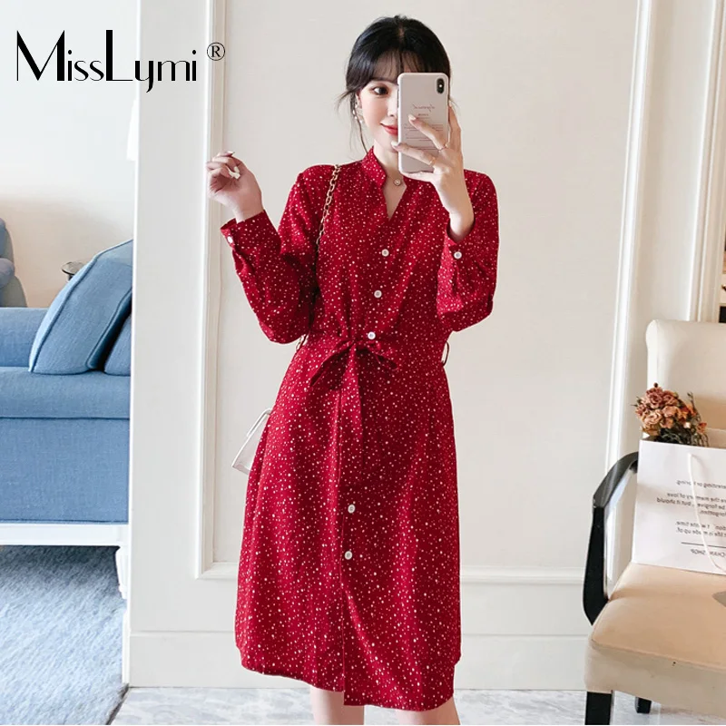 Женское платье рубашка с V образным вырезом и длинным рукавом однобортное