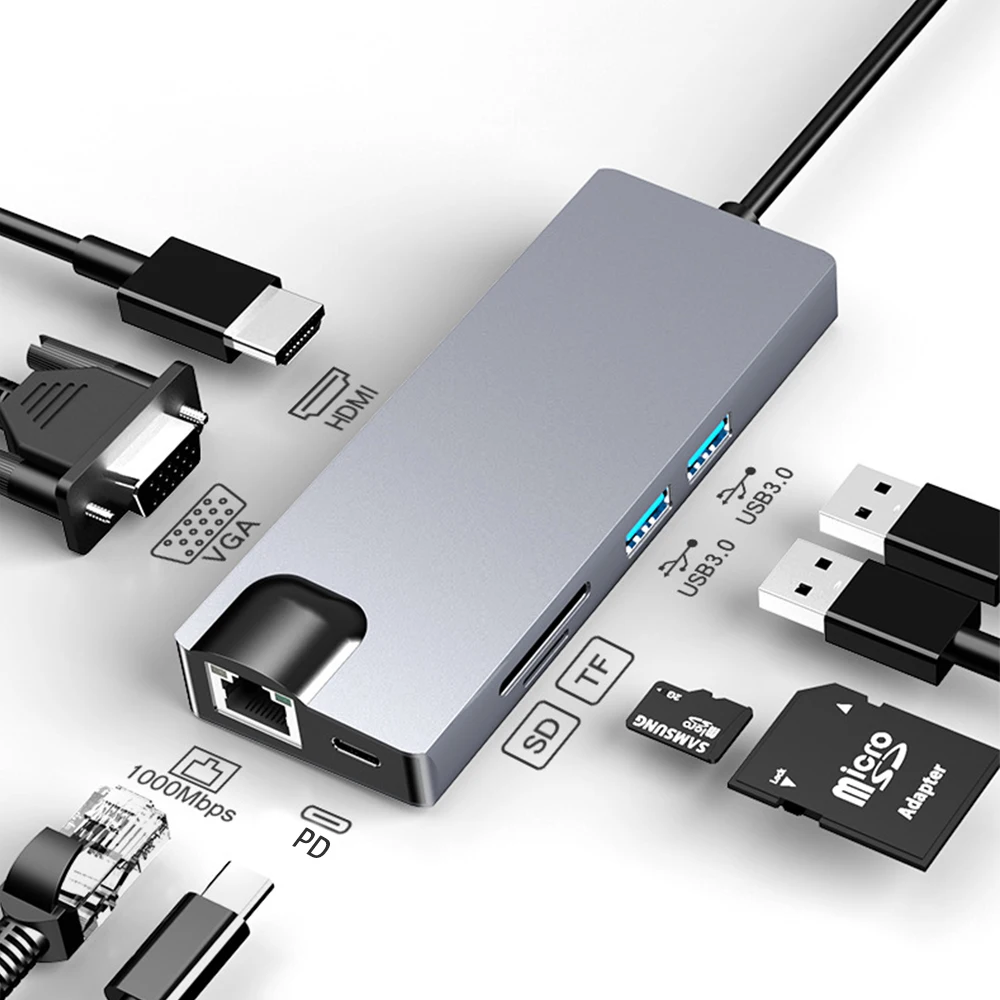 FDBRO Новый Тип 8-в-1 док-станция для USB3.1 HDMI VGA Gigabit Ethernet SD/TF PD адаптер зарядного