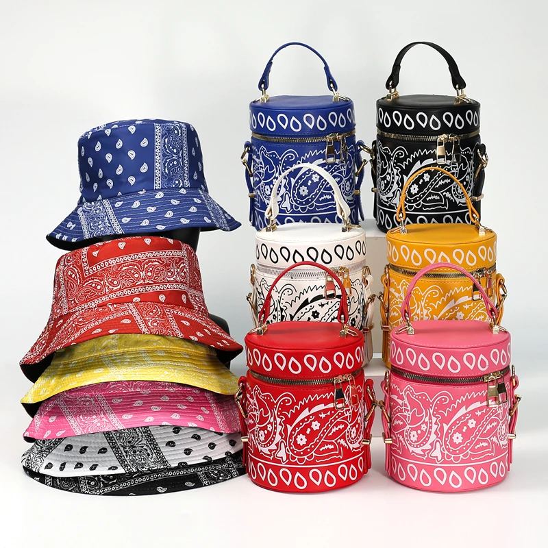 

2021 New Fashion Shoulder Bucket Handbags Bandana Hat Purses and Handbags Set Designer Crossbody Bag for Women High Quality
