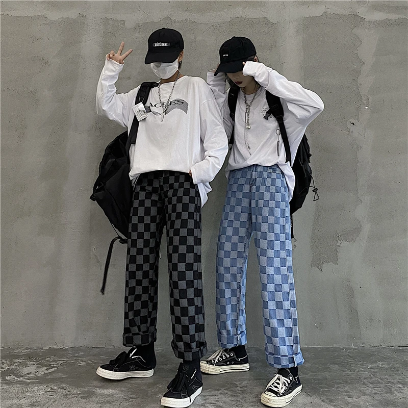 

Washed plaid jeans new Korean style streetwear loose retro trousers women