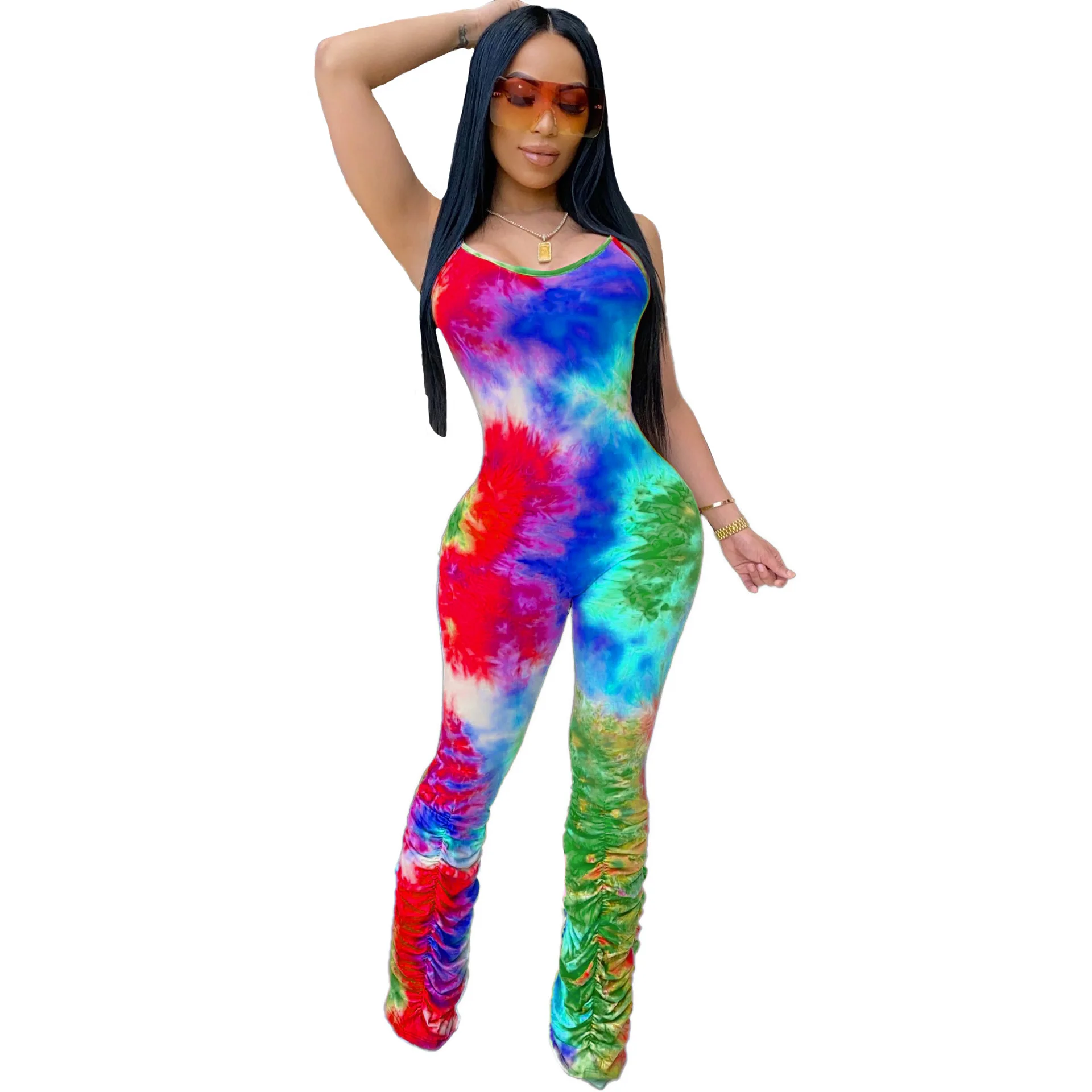 

New women's sexy jumpsuit color print pleated jumpsuit suspenders tight hip wrap jumpsuit club hot jumpsuit