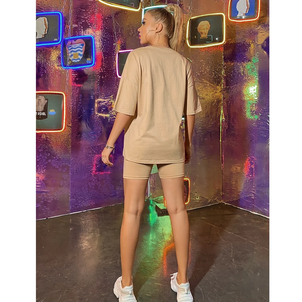 

Lugentolo Two Piece Set Women Summer Casual O-neck Short-sleeved Loose Top and Tight Shorts Women Tracksuit