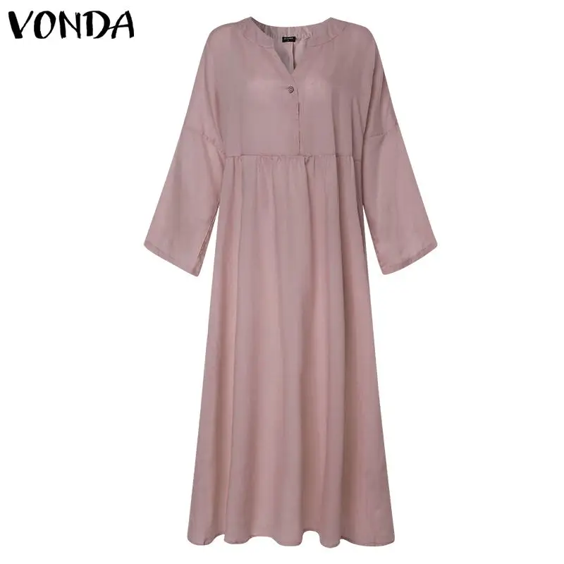 Pink VONDA, платье-рубашка, женский сарафан, летний, длинный рукав, v-образный вырез, длинное, макси, Vestidos, Женская Повседневная Туника на пуговицах, халат размера плюс - Цвет: Pink