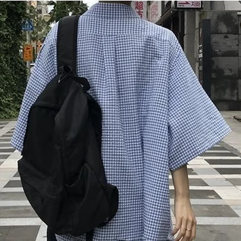 

Shirts Women Simple Blue Plaids Cool Street Vintage Turn-down Collar Unisex Japanese Style Loose Tops Harajuku Couples Leisure