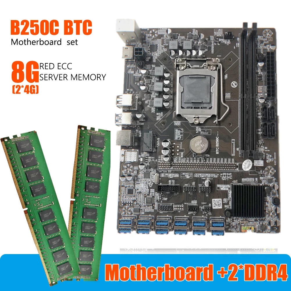 Mining Card B250C BTC LGA1151 DDR4 Board 12x USB3.0 to PCI-E 16X Mining Motherboard Kit HDMI-compatible Gen 6/7 CPU With Memory