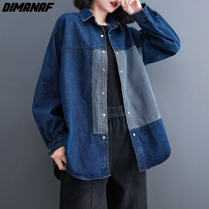 

DIMANAF Autumn Winter Women Clothing Bomber Jacket Coat Denim Cotton Thick Vintage Lady Loose Casual Button Outerwear Blue Shirt