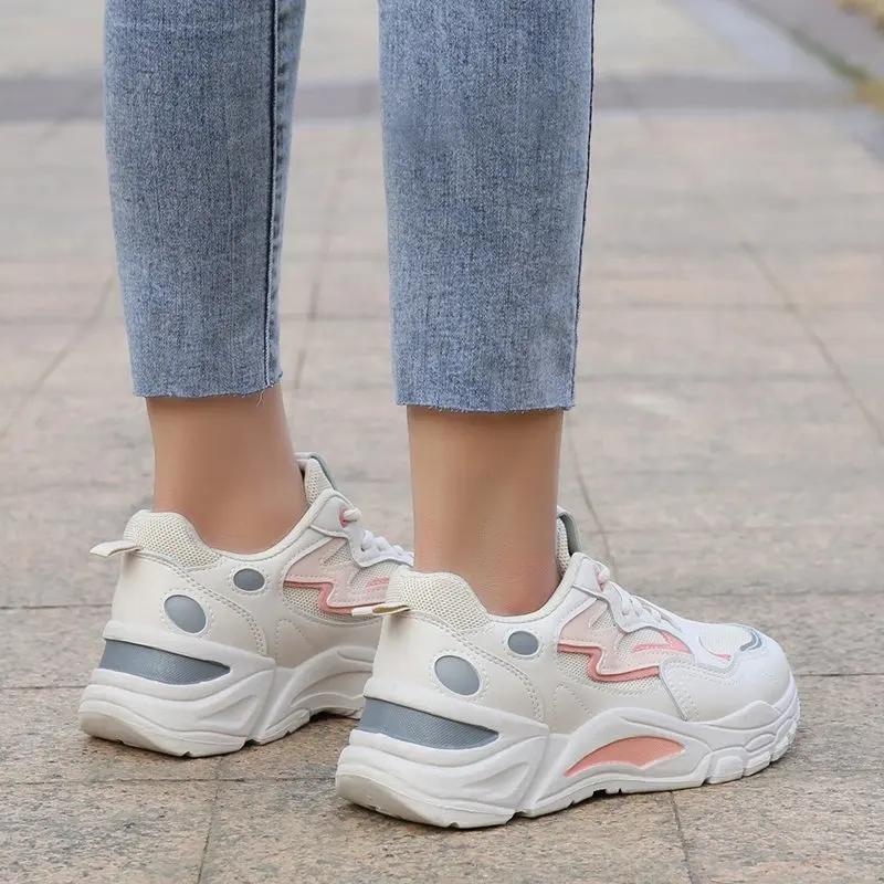 

2021 Breathable Mesh Trainers Chunky Heels 5cm Women's Platform Sneakers Women Shoes Casual Female White Mesh Shoes for Woman