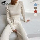 Комплект женский трикотажный с длинными штанами и пуловером, с высокой эластичной талией, 2021