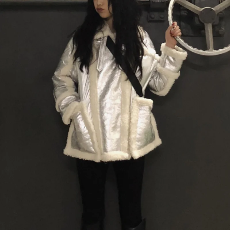

Autumn Fur In One Lamb Wool Coat Female Tops Loose Bright Sliver Vintage Warm Thicker Winter Motorcycle Jacket Women Clothing