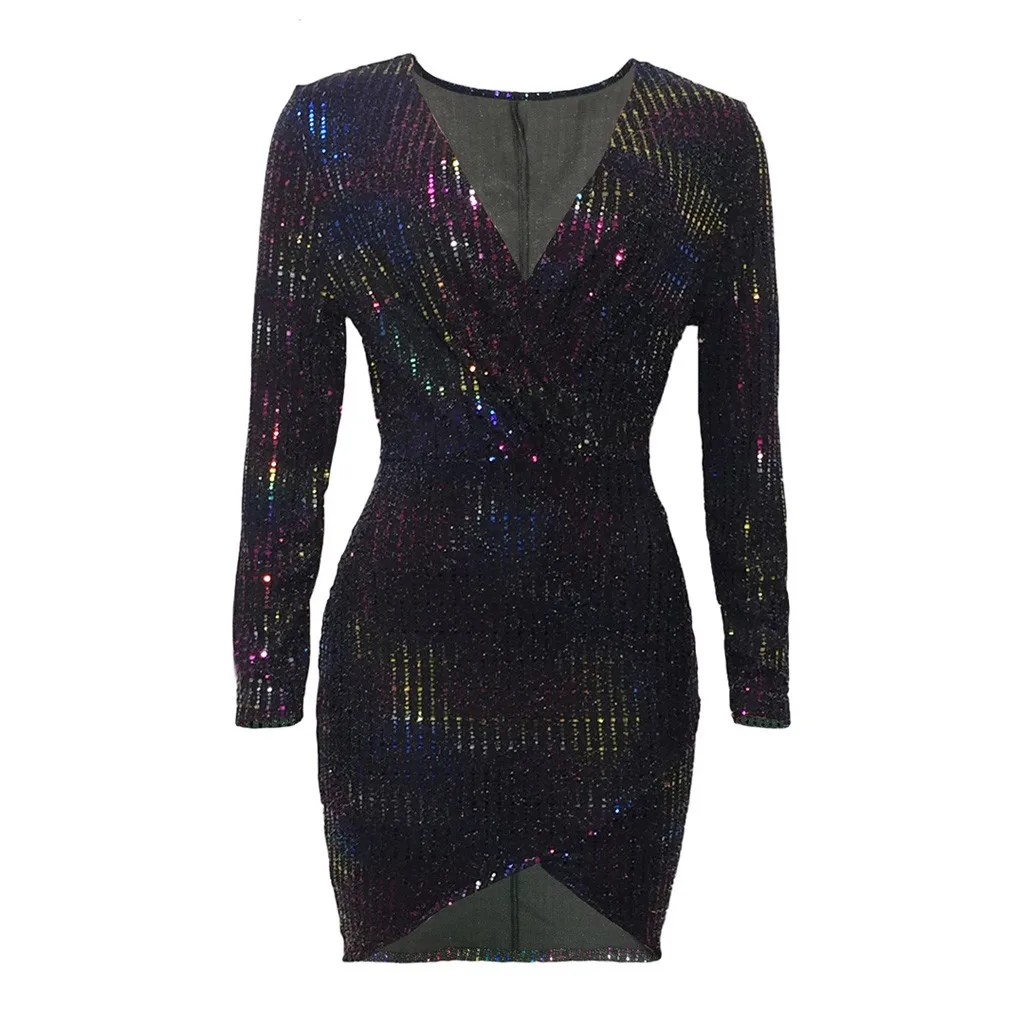 Женское сексуальное платье с блестками глубоким V-образным вырезом блестящее