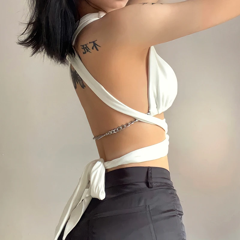 

HEYounGIRL Bandage White Sexy Backless Crop Tops Tees Summer Lace Up Sleeveless Halter Tanks Camis Fashion Camisole Streetwear