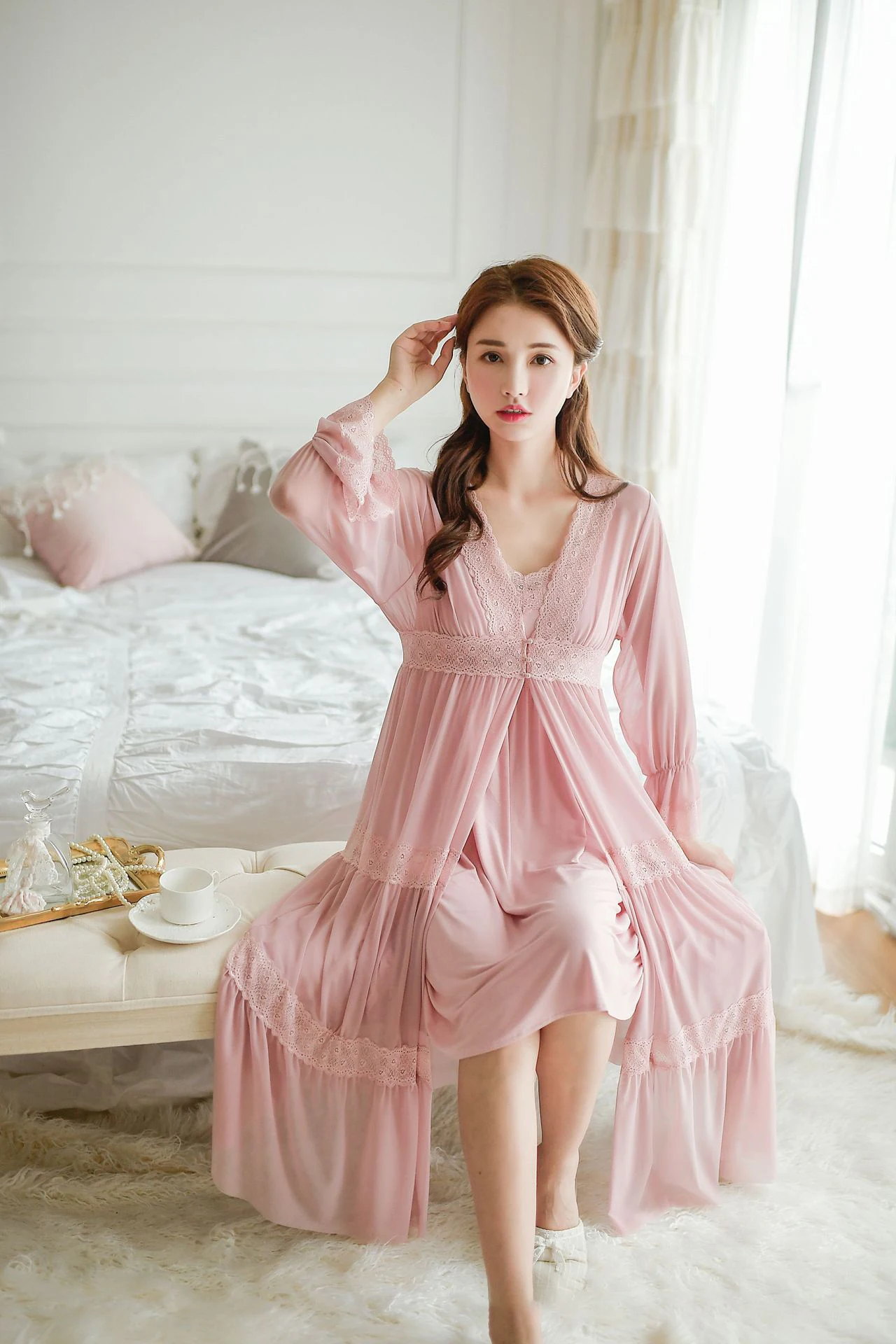 Женская ночная рубашка, халат, Vestido, ночное белье, платье для сна, белье с длинным рукавом, кружевное Ночное платье, пижама, халат для подружки невесты