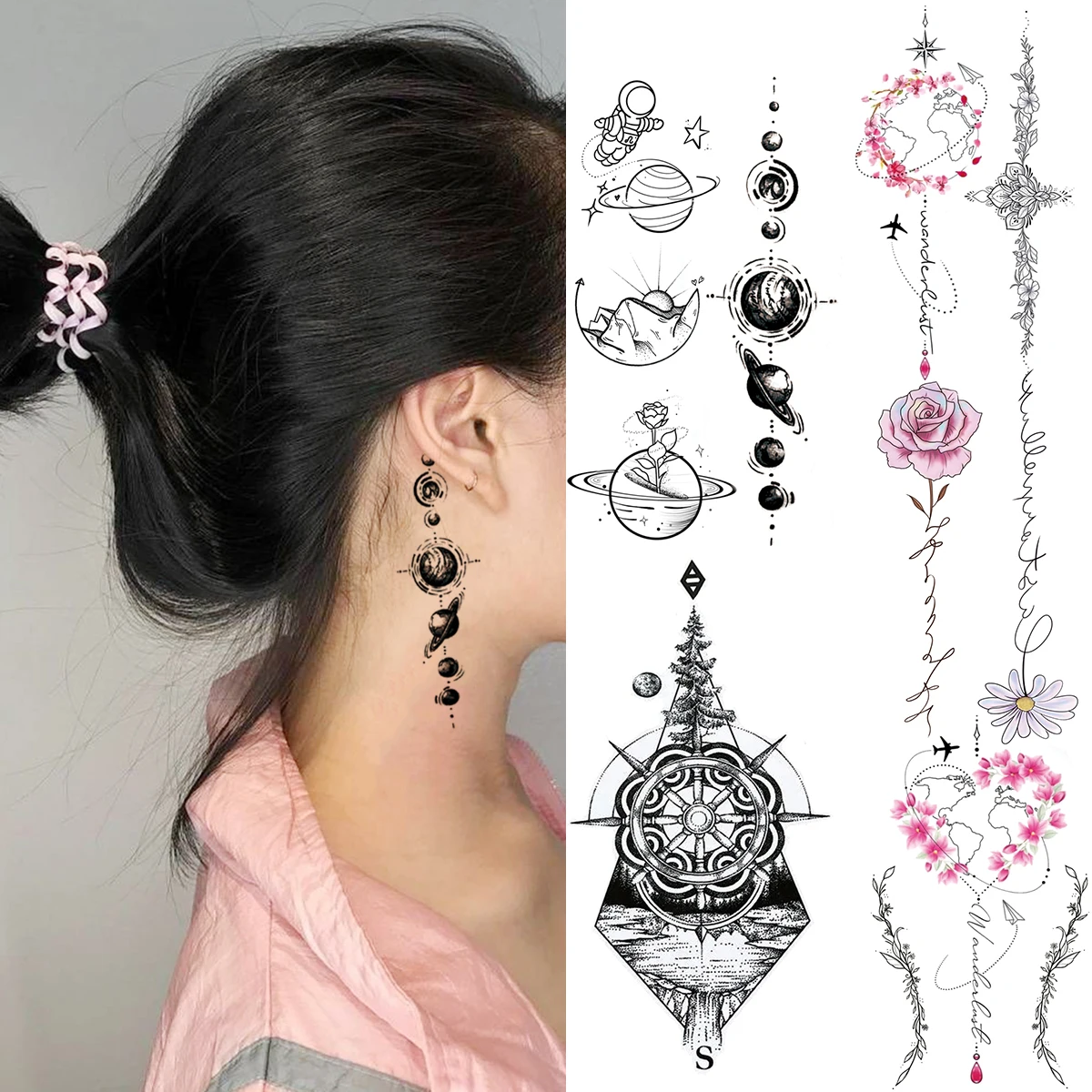 

Black Planet Astronaut Temporary Tattoos For Women Ear Adult Geometric Compass Rose Daisy Flower Fake Tattoo Body Art Tatoos