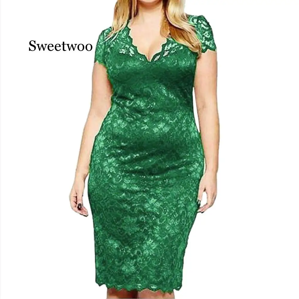 2020 Dress Woman Party Night Fashion Women Sexy Plue size Solid Short Sleeve V-Neck Lace Hollow out vestido | Женская одежда