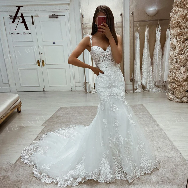 

LelaAcra Sleeveless Wedding Dress 2021 Appliqued Lace Mermaid Court Train Bridal Gown Princess ES08 Plus Size Vestido De Novia