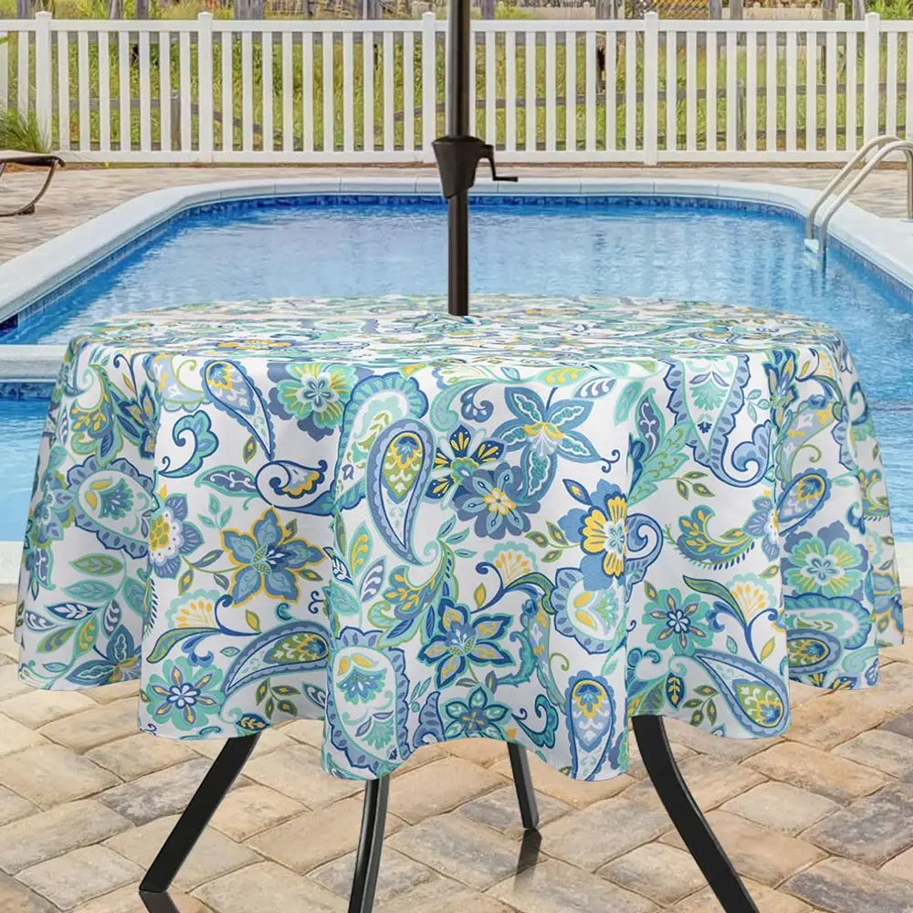 Eforcurtain Country Paisley Printed Outdoor Patio Tablecloths Waterproof Machine Washable Fabric Tablecloth with Zipper on - Столовые скатерти Eforcurtain с принтом пейсли для открытых патио, водонепроницаемые, стиральные, с молнией.