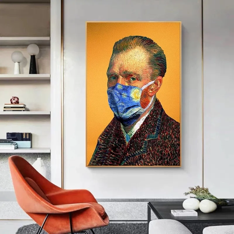 Funny Character Art Van Gogh Wears A Blue Starry Sky Mask Posters Cuadros Canvas Paintings Wall Room Home Decor (No Frame) | Дом и сад