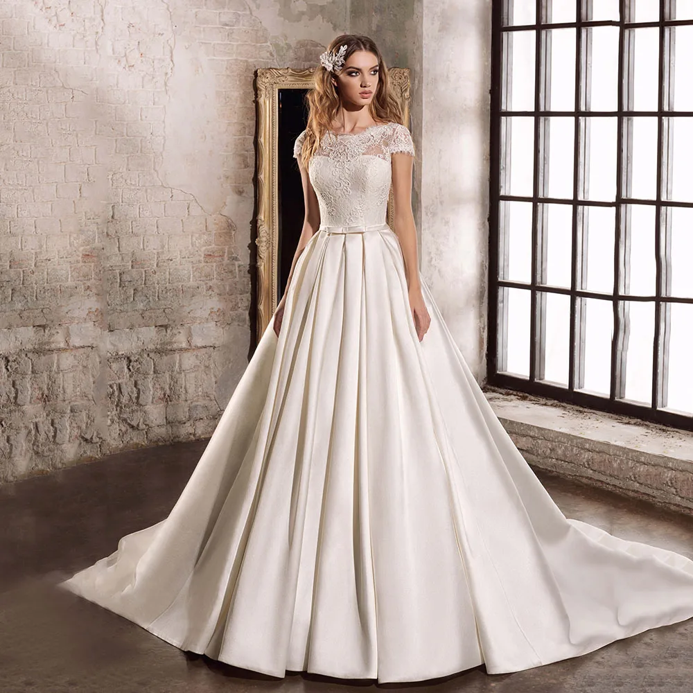

Wedding Gown A Line O Neck Satin Floor Length Train Open Back Regular Short Sleeve Bow Simple Bridal Gown Custom Made