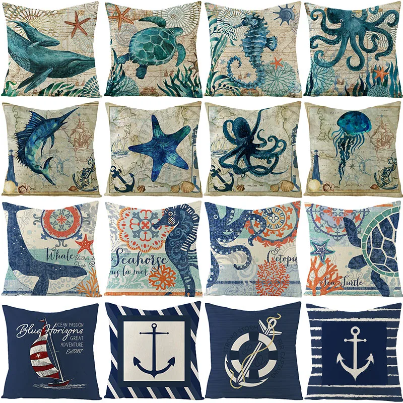 

Marine Life Cushion Cover 45X45 Dolphin Sea turtle Conch Decorative Pillowcase Sofa Cushions Animal Pillow Covers Cotton Linen