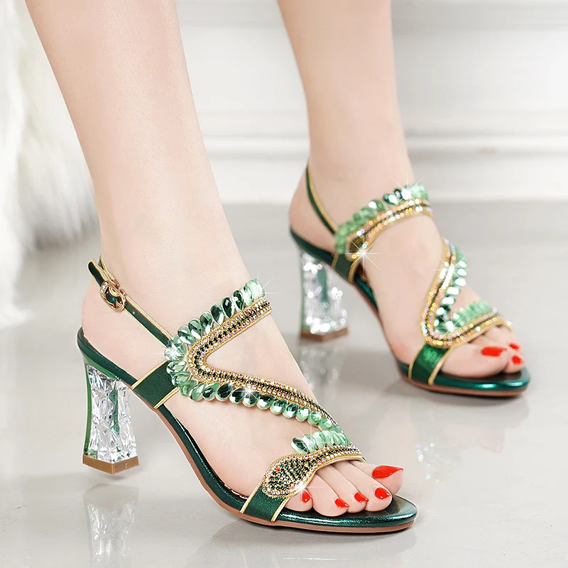 

2021New Summer Women's Sandals Color Matching Diamonds Leather Thick Heel Sexy Crystal Fashion Designer Casual Heels Luxury